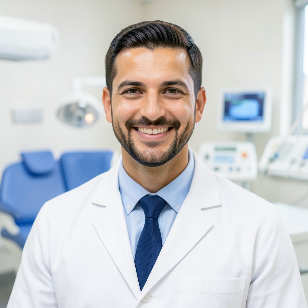 Friendly professional male dentist in a white coat, smiling warmly, blurred clinical background, trustworthy look, high quality dental clinic photography, clean lighting, head and shoulders portrait.